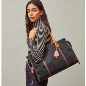 Tory Burch Black Tote with Pink and Tan Accents